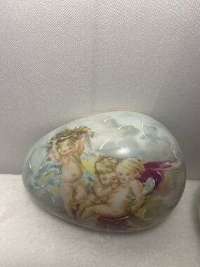 Fontanille & Marraud Limoges porcelain egg-shaped trinket box 3 cherub  angels